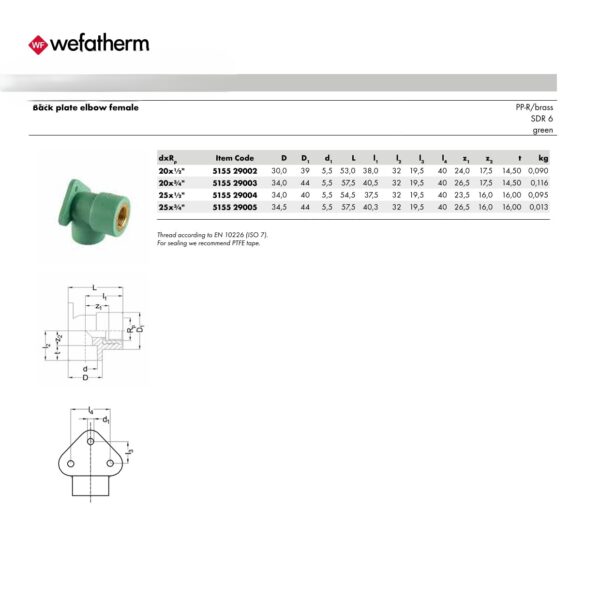 Back Plate Elbow Female PP-R.Brass – SDR 6 (Green) 1 Wefatherm Back Plate Elbow Female PP-R/Brass – SDR 6 (Green)