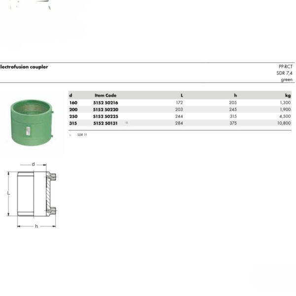 Electrofusion Coupler PP-RCT – SDR 7.4 (Green) - Large Diameters 1 Wefatherm Electrofusion Coupler PP-RCT – SDR 7.4 (Green) - Large Diameters