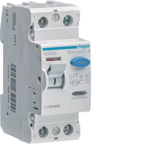 RCCB 2P AC Class 100mA – 80A 100A (CE281Z & CE285Z) 2 Hager RCCB 2P AC Class 100mA – 80A / 100A (CE281Z & CE285Z)