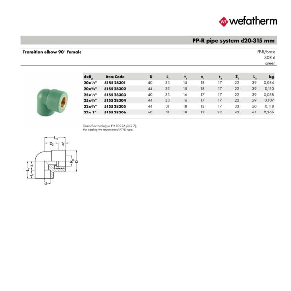 Wefatherm Transition Elbow 90° Female PP-R/Brass – SDR 6 (Green)
