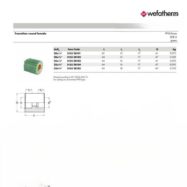Transition Round Female Adapter PP-R . Brass – SDR 6 (Green) 1 Wefatherm Transition Round Female Adapter PP-R / Brass – SDR 6 (Green)