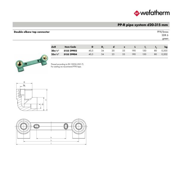 Wefatherm Double Elbow Tap Connector PP-R.Brass SDR 6 – Green 1 Wefatherm Double Elbow Tap Connector PP-R/Brass SDR 6 – Green