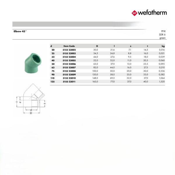 Wefatherm Elbow 45° PP-R SDR 6 – Green 2 Wefatherm Elbow 45° PP-R SDR 6 – Green