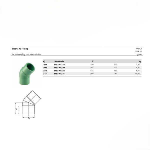 Wefatherm Elbow 45° long PP-RCT SDR 11 – Green 1 Wefatherm Elbow 45° long PP-RCT SDR 11 – Green