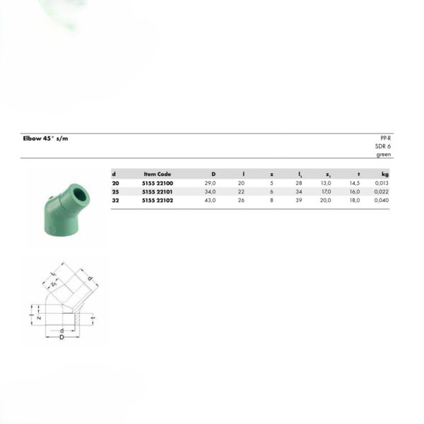 Wefatherm Elbow 45° s.m PP-R SDR 6 – Green 1 Wefatherm Elbow 45° s/m PP-R SDR 6 – Green