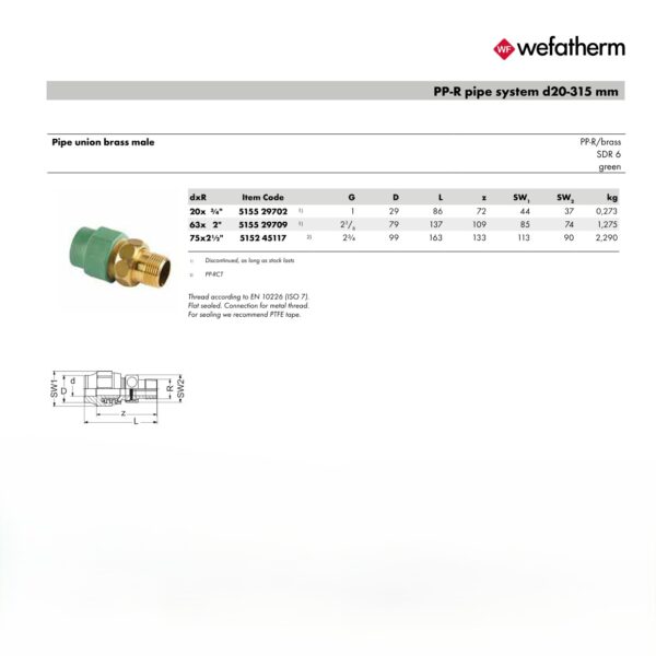 Wefatherm Pipe Union Brass Male PP-R.Brass SDR 6 – Green 1 Wefatherm Pipe Union Brass Male PP-R/Brass SDR 6 – Green