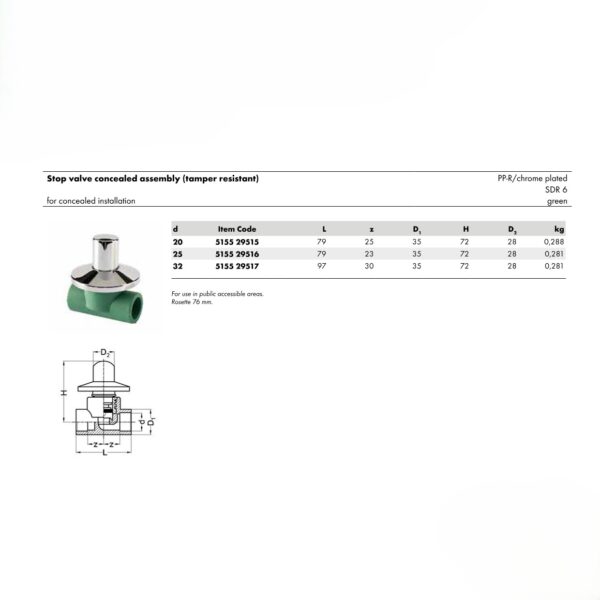 Wefatherm Stop Valve Concealed Assembly (Tamper Resistant) PP-R/Chrome Plated SDR 6 – Green