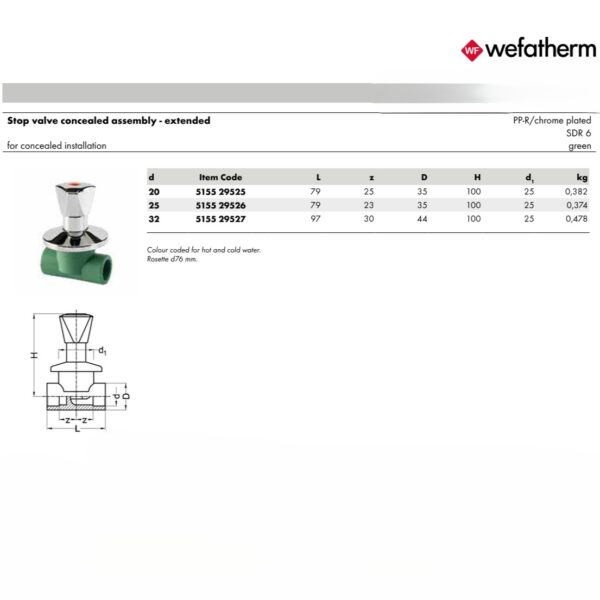 Wefatherm Stop Valve Concealed Assembly – Extended PP-R/Chrome Plated SDR 6 – Green