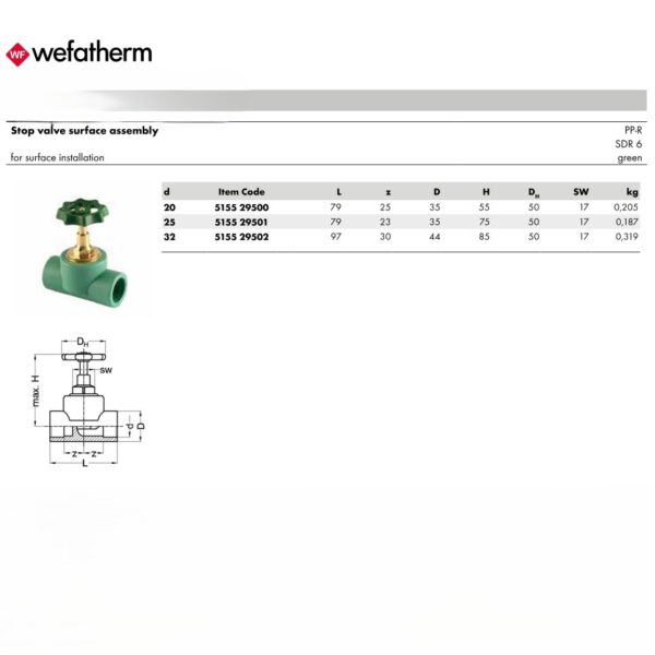 Wefatherm Stop Valve Surface Assembly PP-R SDR 6 – Green
