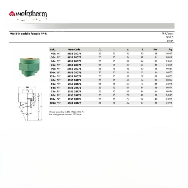 Wefatherm Weld-in Saddle Female PP-R SDR 6 – Green (PP-R.Brass) 1 Wefatherm Weld-in Saddle Female PP-R SDR 6 – Green